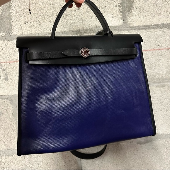 HERMES Berline Vache Hunter Herbag Zip PM 31 Black Bleu Encre Coated Canvas RARE - Picture 13 of 14